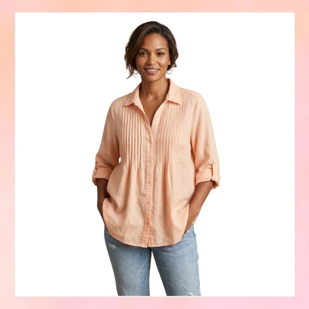 Spanner Peach Linen Blend Pintuck Blouse Roll Tab Sleeve Large